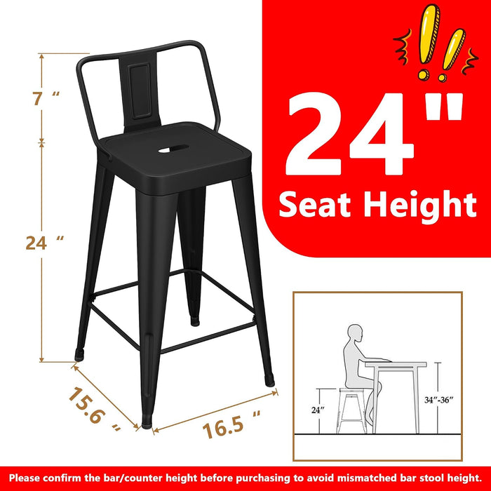 Metal Bar Stools Set of 4 Counter Height Black Barstools with Removable Back 24" Kitchen Bar Stools