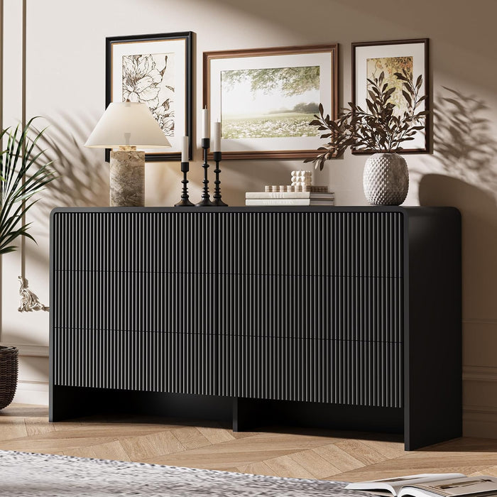 55" Wide Modern Curved 6 Drawer Dresser，Black