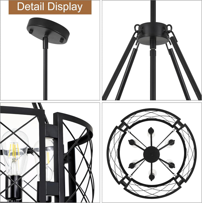 6-Light Farmhouse Chandelier Black Drum Pendant Light