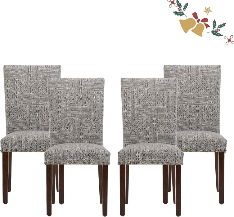 Parsons Dining Chairs Set of 4, Upholstered Nailhead Dining Room Kitchen Side Chair with Thick Cushions and Wood Legs, Black/White