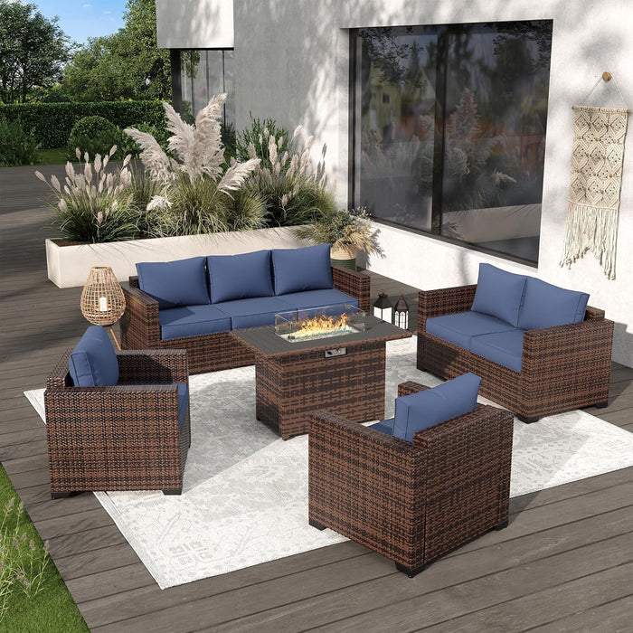 Oversized Outdoor Sectional Sofa Set with 44" Metal Fire Pit Table & Storage Coffee Table - Waterproof Wicker Patio Furniture Set, Modular Furniture with Removable Cushions (Navy)