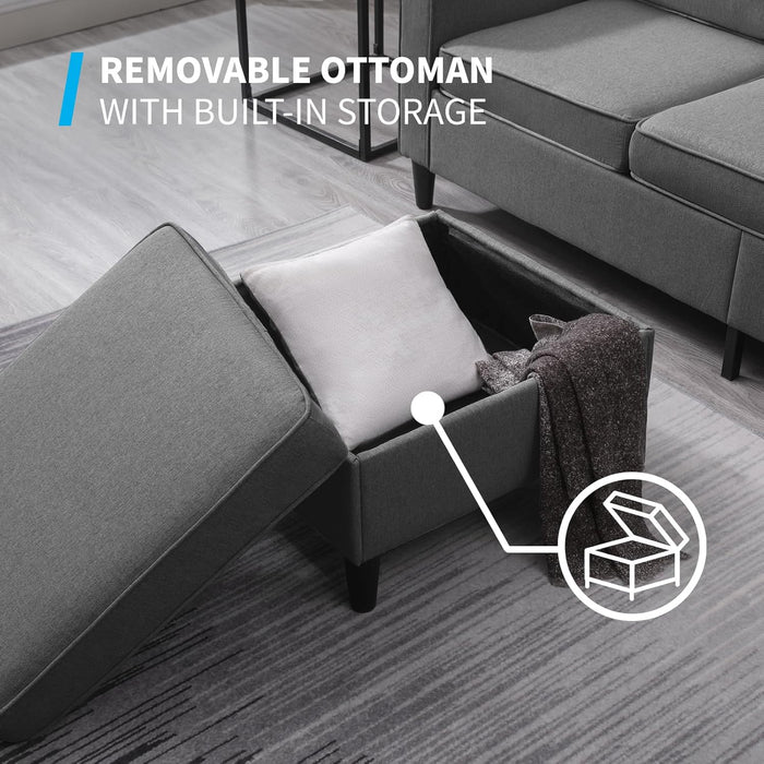 3PCS Convertible Sofa Set, Linen Upholstered Couch Set with Side Pockets, Modern Living Room Sofa with Storage Ottoman, Couch for Living Room Apartment (Dark Grey, Sectional Sofa + Single)