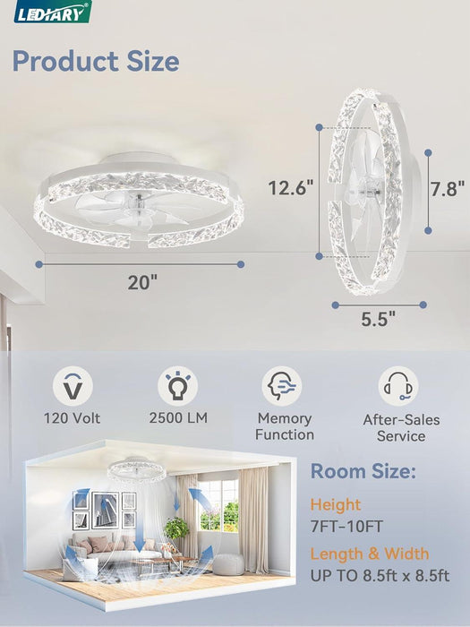 20 Inch Low Profile Ceiling Fans with Lights and Remote, Fandelier Ceiling Fan Flush Mount, 3000K-6000K Dimmable LED Fan Light, White Modern Ceiling Fans with Lights for Bedroom