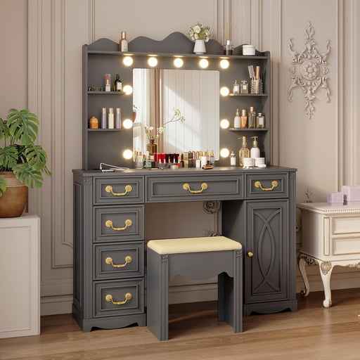 Vanity Desk with Large Mirror and Lights, 43.3" Makeup Vanity Desk with Charging Station and 6 Drawers, Makeup Dressing Table with Storage Stool for Bedroom (Grey)