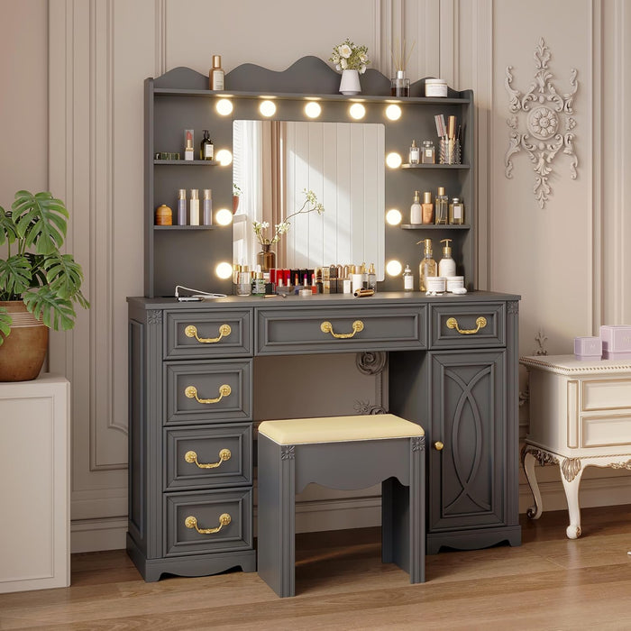 Vanity Desk with Large Mirror and Lights, 43.3" Makeup Vanity Desk with Charging Station and 6 Drawers, Makeup Dressing Table with Storage Stool for Bedroom (Grey)