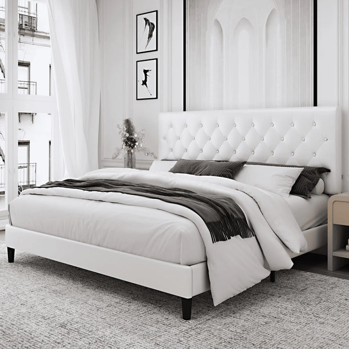 Queen Size Bed, Faux Leather Upholstered Button Tufted Low Profile Platform Bed Frame with Adjustable Headboard for Bedroom, White