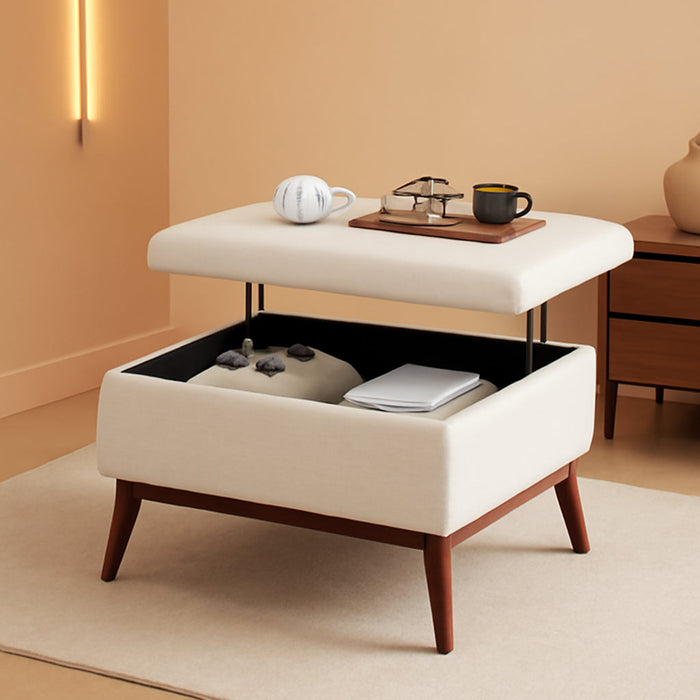 Large Ottoman with Storage, Mid Century Modern Rectangle Coffee Table with Lid Lifting Function, High Wooden Legs, Oversized Storage Ottomans for Living Room, Office Room, Beige