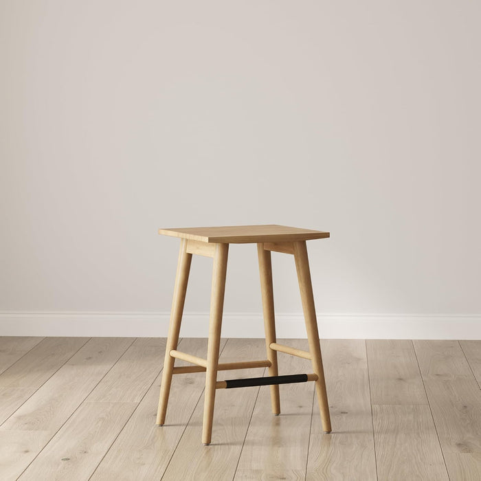 Nathan James Barker Classic Counter Height Wood Barstool with Leather Removable Cushion, Backless Island 24" Bar Stool for Kitchen, Chestnut Brown, Set of 2