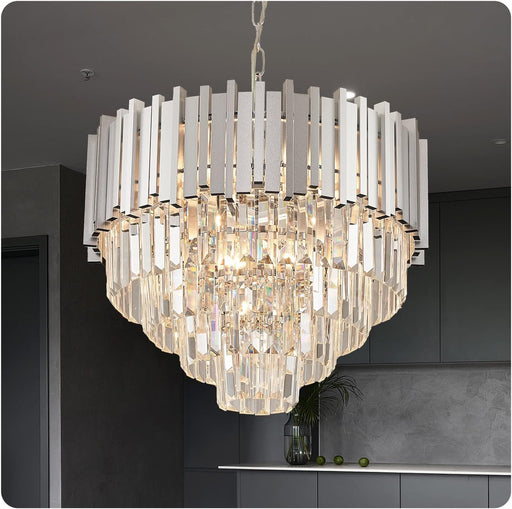 Modern Crystal Chandelier 20" Chrome round Chandeliers High Ceiling Pendant Light Fixtures Luxury Flush Mount Chandelier for Dining Room (5-Tier 8-Light) for Living Room Bedroom Kitchen Foyer