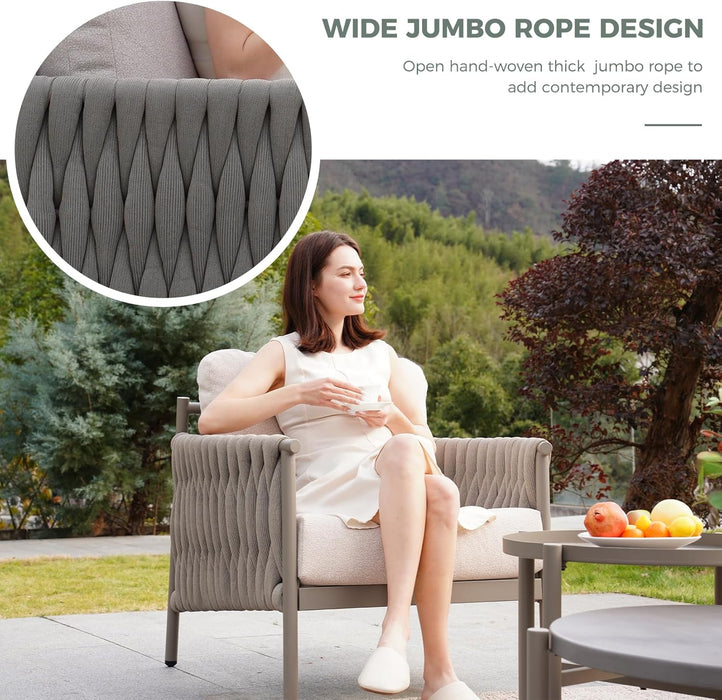 5-Piece Outdoor Furniture Set, Outdoor Sofa Set with 2 round Side Tables, Modern Metal Patio Couch with 6-Inch Thick Waterproof Cushions for Porch Deck Backyard