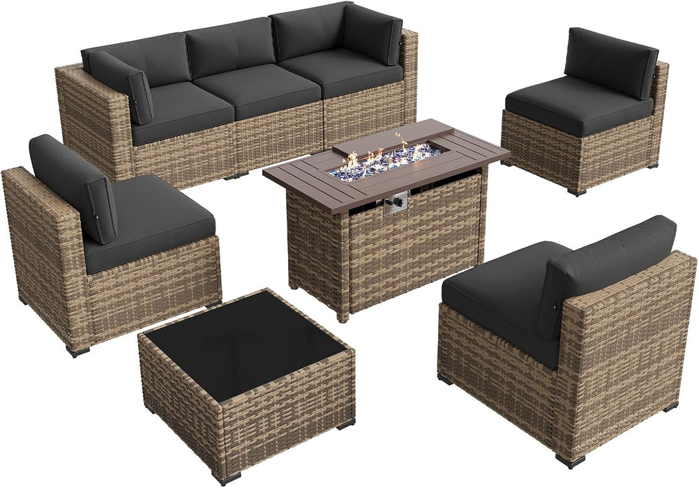 Patio Furniture Sets, 8-Piece Outdoor Patio Furniture with 44'' Propane Gas Firepit Table, Wicker Outdoor Conversation Set Sectional Sofa for Backyard, Poolside, Garden (Black Cushion)