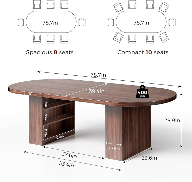 78.7" Dining Table for 6-10 People, Oval Dining Room Table with 3-Tier Storage Shelf, Modern Wood Kitchen Tables with Heavy Duty Pedestal Base for Home, Dining Room, Walnut