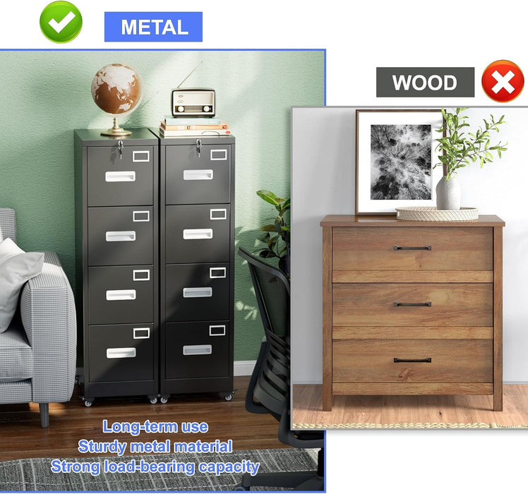 4 Drawer Metal File Cabinet with Lock, Mobile Heavy Duty Steel Filing Cabinet with Full Extension Rails, for Office Workspaces, Letter Legal Size, Black, Assembly Required
