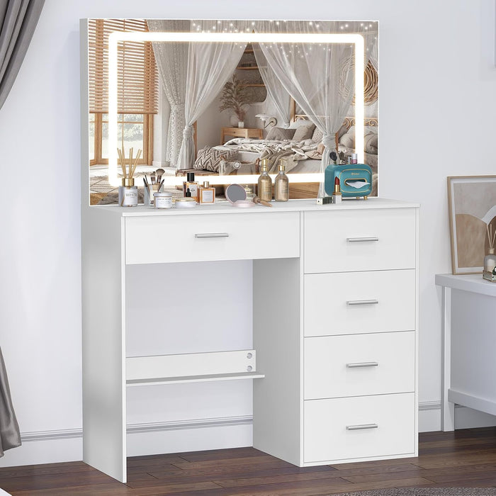 White Makeup Vanity Desk Set with Large Mirror, 31.5X14.2X51.5 Inch Makeup Vanity with 5 Drawrs, 3 Adjustable Light Modes, Vanity for Bedroom & Dressing Room