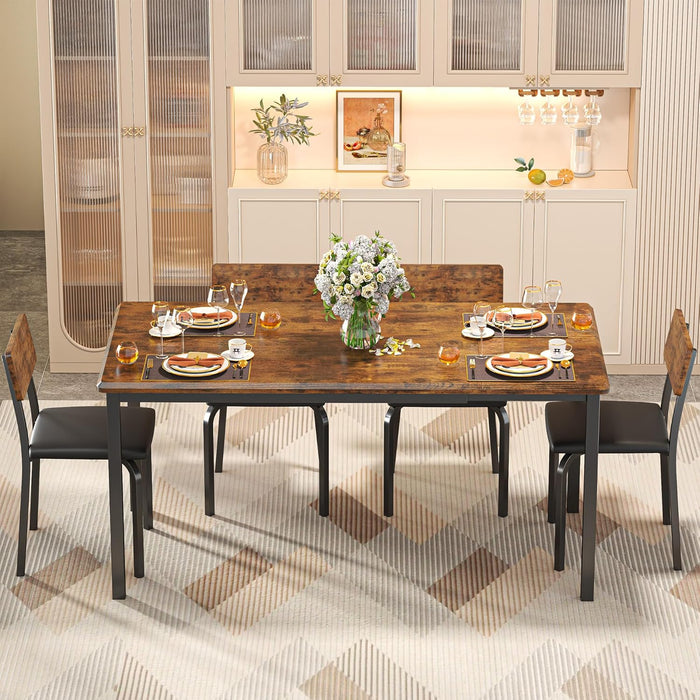 5-Piece 63" Extendable Dining Table with 4 Upholstered Chairs, Kitchen Table Set for 4-8 People, Dining Room Sets with MDF Wood Board, Drop Leaf Table Design for Space Saving, Rustic Brown