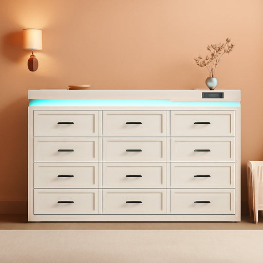 71" Wide 46" Tall Large Farmhouse 12 Drawers Dresser for Bedroom with LED Light and Power Outlets,Wood Rustic 12 Chests of Drawers for Closet,Tall Storage Dresser Organizer for Bedroom(White)