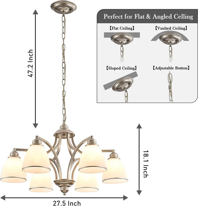 Brushed Nickel 6Light Farmhouse Chandelier Milk Glass