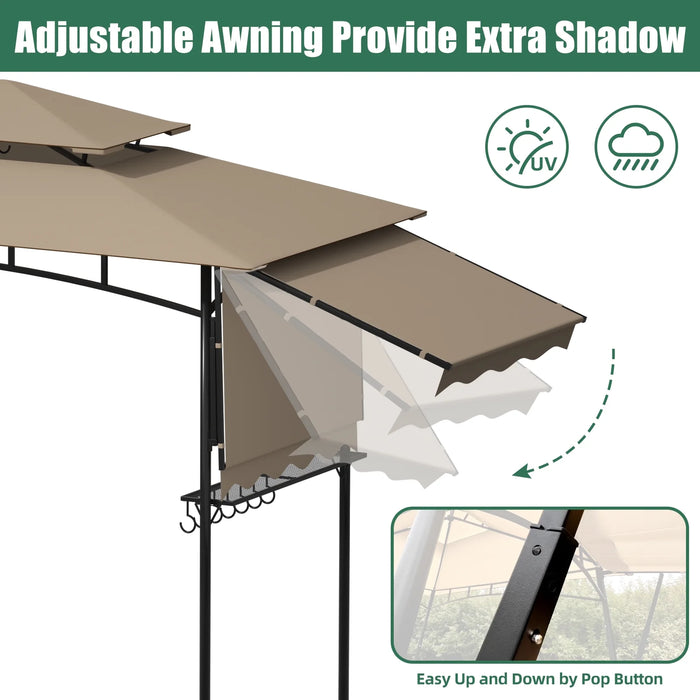 Grill Gazebo 8' X 5' Double Tier Outdoor BBQ Tent 4.6 Ft Barbecue Patio Canopy with Extra Shadow 15 Hooks, Beige