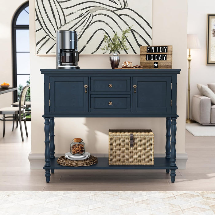 Console Table with 2 Drawers, Retro Entryway Table with 2 Door Cabinets and Open Storage Shelf, Narrow Long behind Couch Sofa Table for Living Room, Foyer, Hallway, Blue
