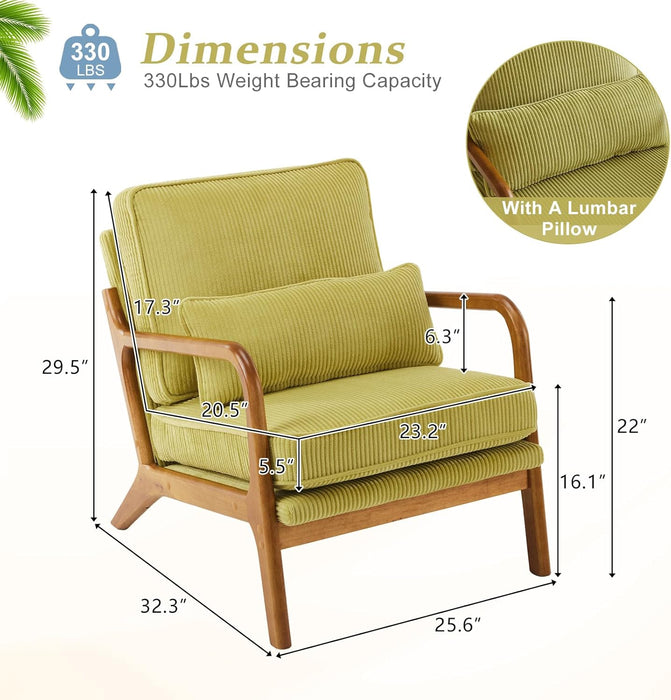 Upgraded Premium Corduroy Accent Chair,Upholstered Arm Chair,Solid Wood Comfy Reading Chair with Lumbar Pillow, Mid Century Modern Chairs for Living Room,Bedroom,Guest Room,Green