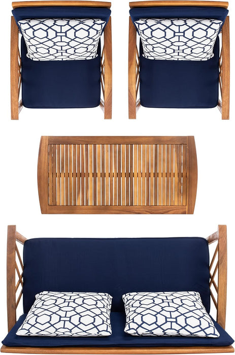 Outdoor Collection Fontana Natural/ Navy Blue Cushions/ Geometric Pattern Pillows 4-Piece Conversation Patio Set