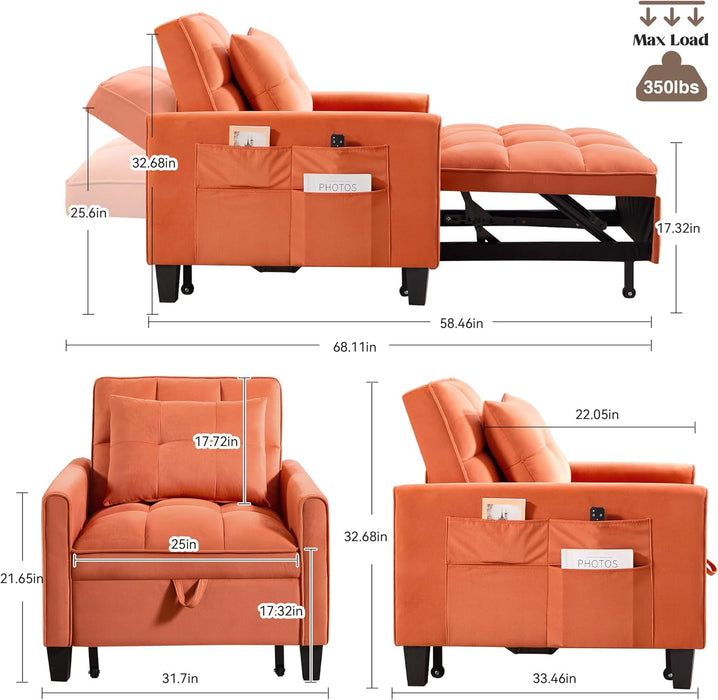 Three In One Velvet Orange Convertible SleeperChair
