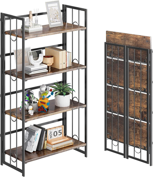 No Assembly 4 Tiers Folding Bookshelf, 47.2" H Foldable Storage Shelves Vintage Bookcase Standing Racks Study Organizer Home Office - Rustic Brown Black