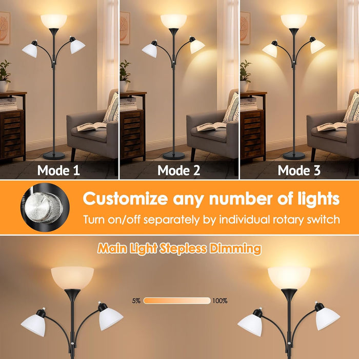 Torchiere Floor Lamps for Living Room,72" Dimmable Lamp with 2 Adjustable Reading Lights for Bedroom, Black Tall Standing Room Lamp, 3 Bulbs Included