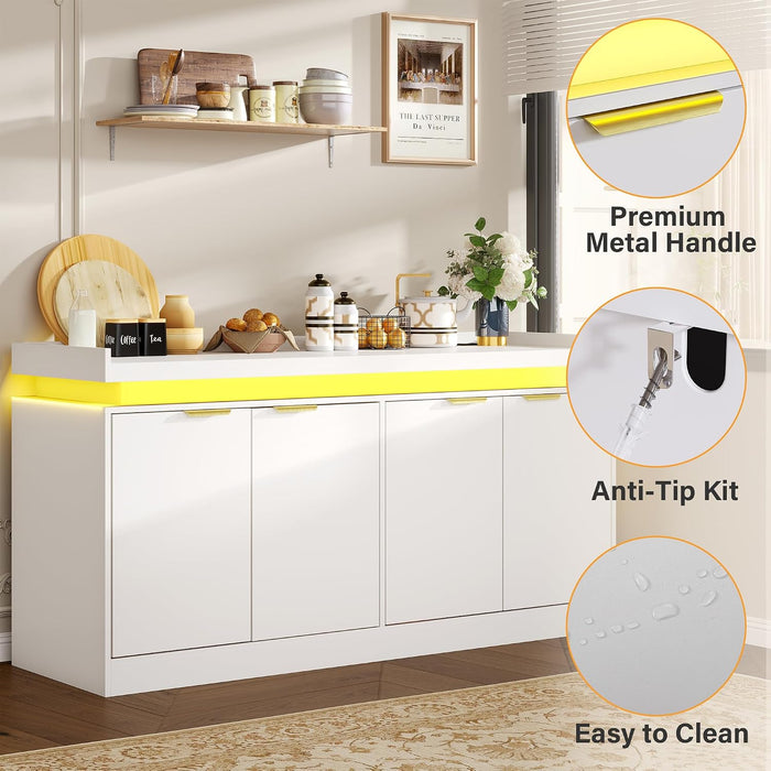 63" Sideboard Buffet Cabinet, Kitchen Buffet Cabinet Storage Cabinets with Power Outlets & LED Light, Modern Sideboard Coffee Bar Buffet Cabinets for Kitchen, Dinning, Living Room, White