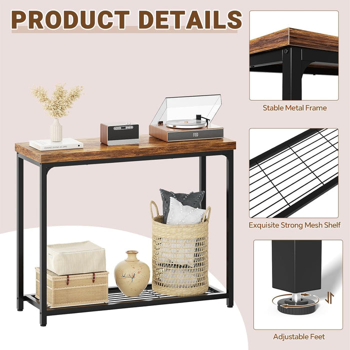 32" Small Console Table with 2-Tier Storage, Industrial Narrow Entryway Table, Sofa Table behind Couch for Hallway, Foyer & Living Room, Sturdy Metal Frame, Rustic Brown