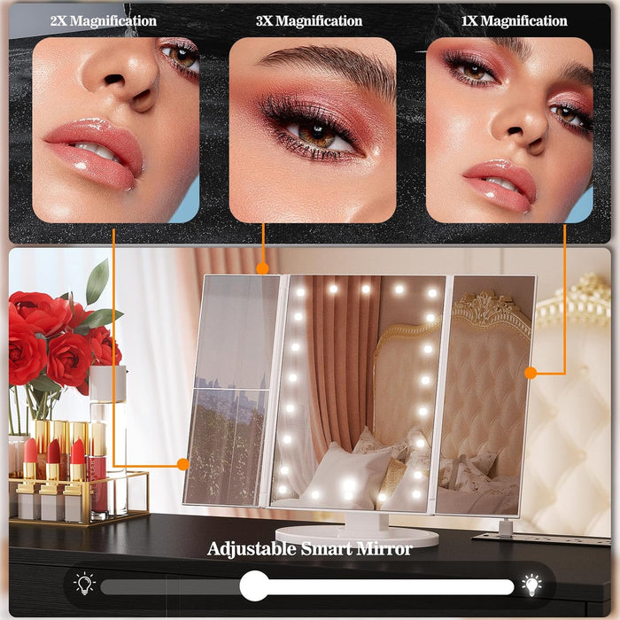 Vanity Desk with Mirror and Lights, 36'' Makeup Vanity Desk with Power Outlet, Small Vanities Set Dressing Table with Drawers for Bedroom, Black