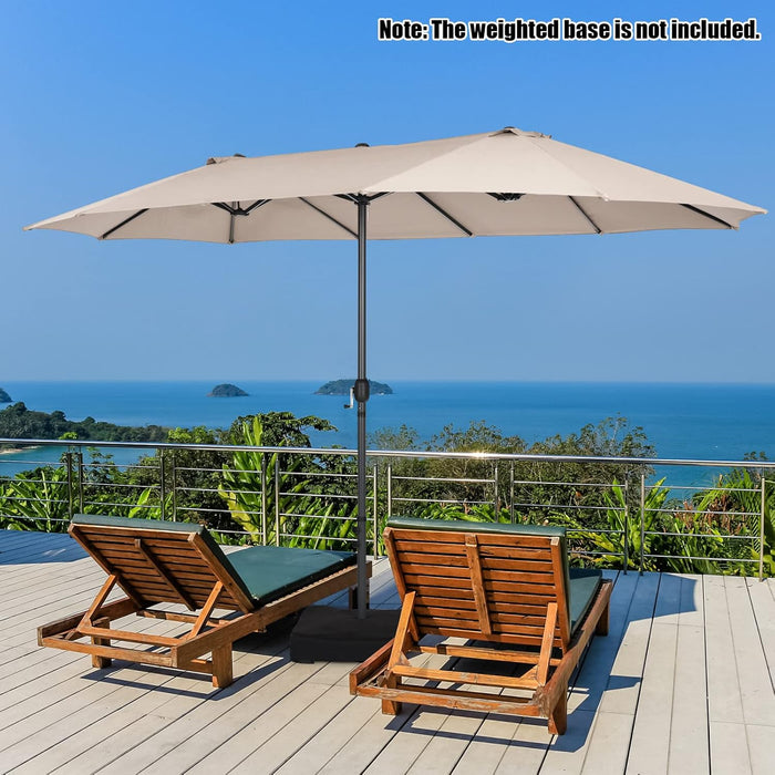 15Ft Double-Sided Patio Umbrella, Outdoor Extra Large Umbrella W/Hand-Crank System & Air Vents, Market Twin Umbrella W/ 12-Rib Sturdy Metal Frame for Poolside, Garden Backyard (Beige)
