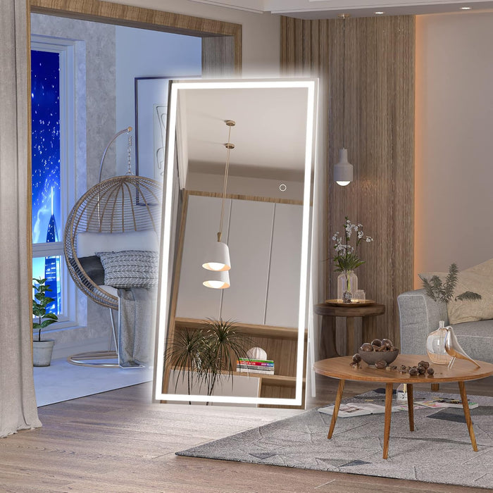 Full Length Mirror with Lights, 71" X 32" LED Lighted Floor Standing, Full Body Dressing Hanging Mounted Mirror, Dimmable, Tempered Glass, Safe to Use, Square White