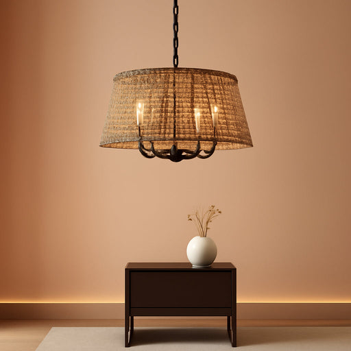 19.7" Boho Rattan Chandelier, 5-Light Black Wicker Light Fixture