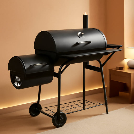 Charcoal Grill with Offset Smoker, Barrel Barbecue Smoker Grill with Spacious Cooking Area for BBQ, Backyard Patio Picnic Parties Camping, Black