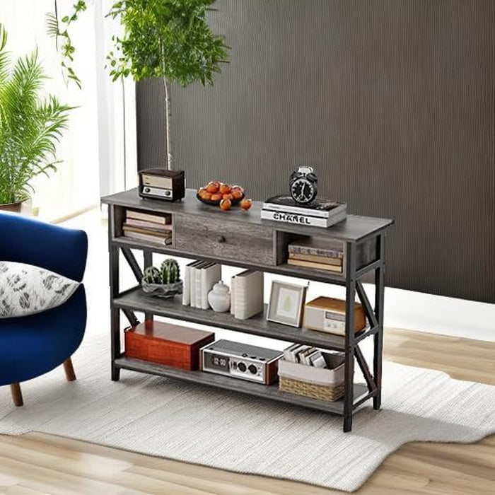 47 Inch Console Sofa Table with Drawer, Industrial Entryway Table with Storage Shelves, Storage Organizer for Hallway Living Room Couch Foyer Kitchen Counter, Grey Oak
