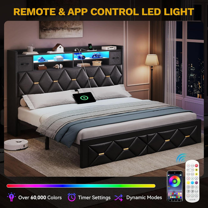King Size Bed Frame with 2 Storage Drawers and Storage Headboard, Upholstered Platform with Charging Station and LED Light, No Box Spring Needed, Noise Free, Easy Assembly, PU Leather Black