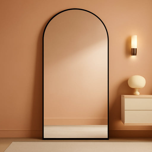Large Standing Mirror Full Length, 82"X44" Oversized Arched Floor Mirror Black Full Length Mirror with Stand, Hanging or Wall Mounted for Bedroom Living Room Clothing Store Gym, Tempered Glass