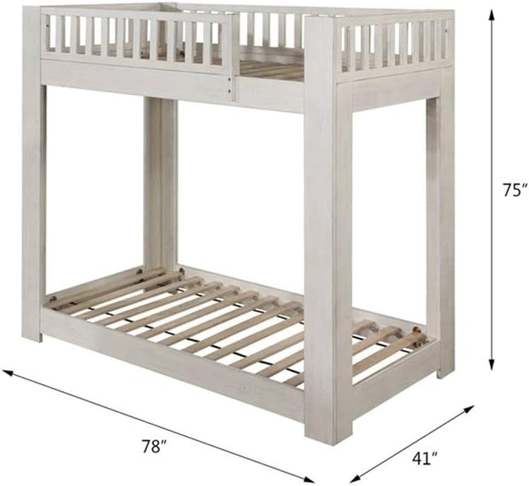 Cedro Twin over Twin Bunk Bed with Wood Ladder in Weathered White