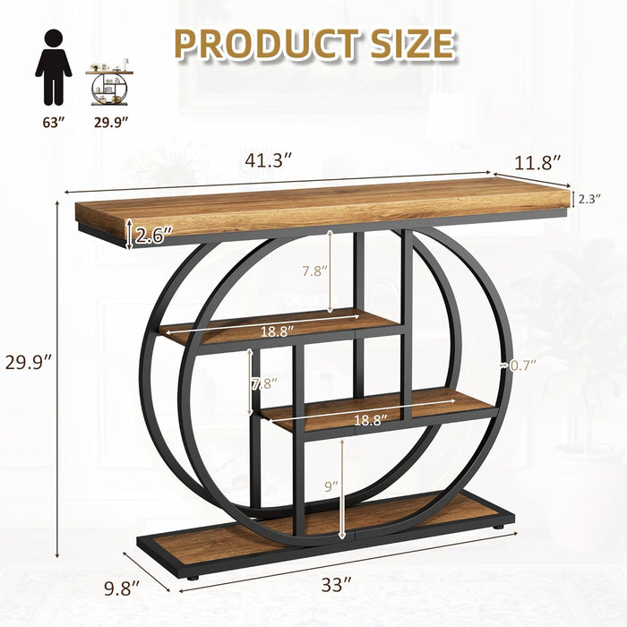 41.3” Console Table with Storage, Industrial Entryway Table, 4-Tier Shelves Sofa Table behind Couch, Narrow Wood Accent Table for Living Room, Entryway,Entrance, Hallway, Foyer,Rustic Brown