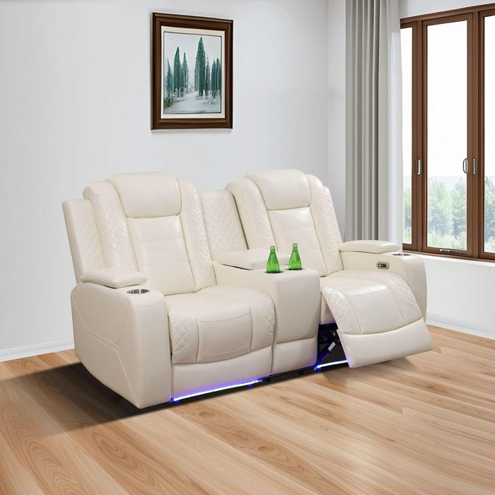 Power Recliner Sofa Set with LED, Leather Reclining Sofa Set, Living Room Furniture Set with USB Charging (Cream White Upgraded Version Total of 8 Cup Holders)