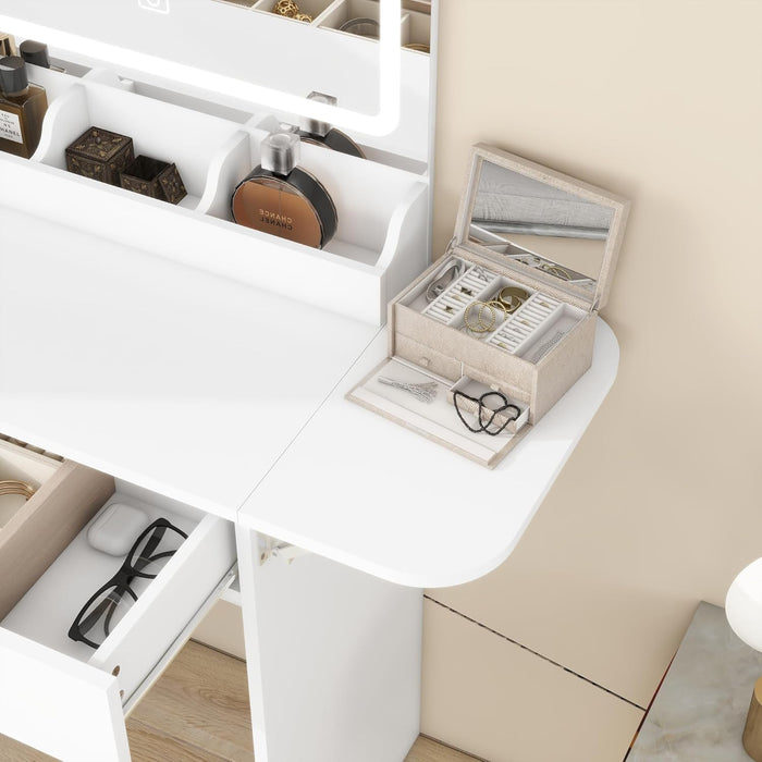 Vanity Desk Set with Mirror and LED Lights, Makeup Table with 2 Drawers & 1 Cabinet, Power Outlet, Storage Cushioned Stool, Dressing Table for Bedroom (White)