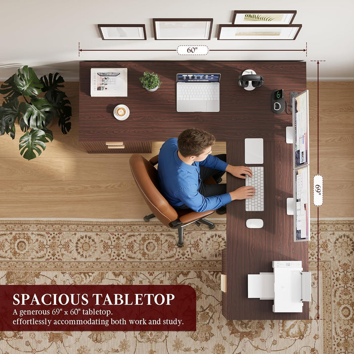 69" Executive L Shaped Desk, Wood Corner Executive Computer Desk with Power Outlets & Storage Drawers, Large Office Desk Workstation for Home, Dark Walnut