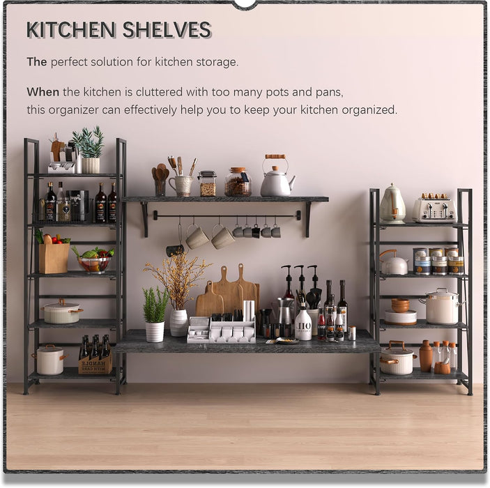 No Assembly Folding Bookshelf Book Shelves, 5-Tier 62.2"" H Collapsible Foldable Bookcase Storage Industrial Shelf for Living Room Bedroom Office