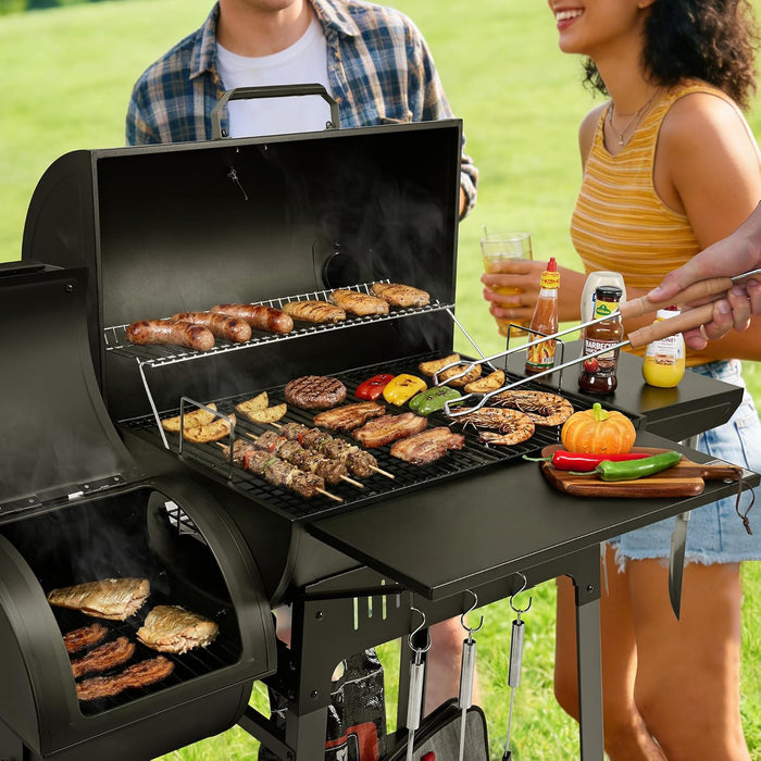Barrel Charcoal Grill with Offset Smoker, 824 Sq. In. Cooking Area,Frame Tool Hooks, Bottom Shelf, Blow-Molded Wheels, Outdoor Charcoal Grill for Backyard Cooking, Black, CC1831S-SC