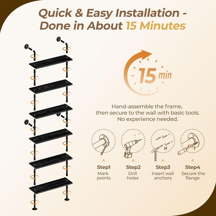 Industrial Pipe Bookshelf, Wall Mounted Shelf, 36 Inch, Black | 6 Tier Open Bookcase, Solid Pine Wood, Black Iron Pipe Frame, 40 Lbs per Shelf, for Books, Kitchen, Office Decor