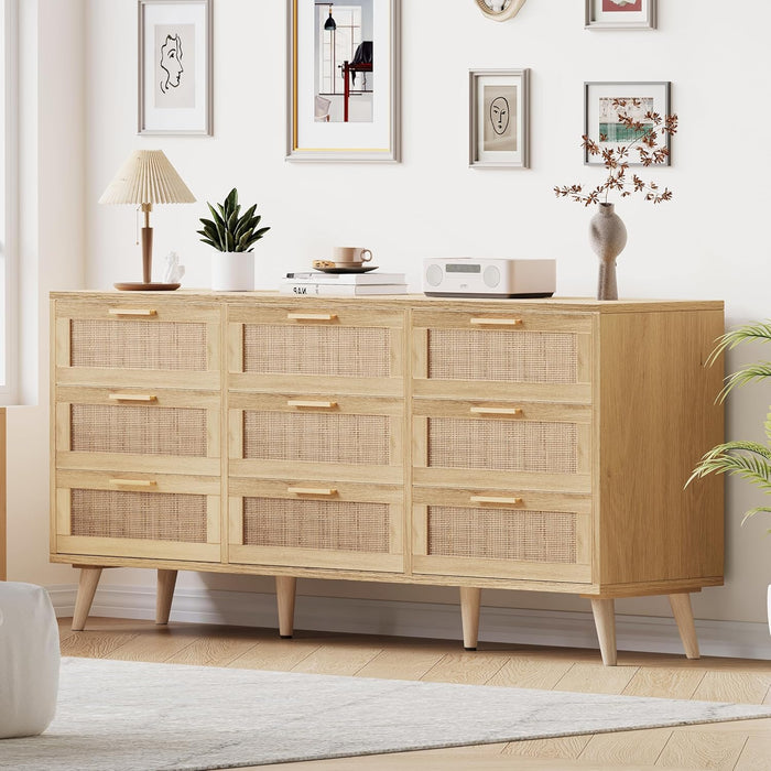 9 Drawer Double Dresser for Bedroom, Rattan Chest of Dressers, Modern Wooden Dresser Chest with Golden Handles, beside Table for Closet, Living Room and Entryway, Natural