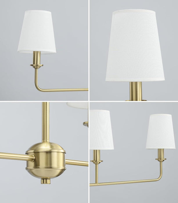 4-Light Brushed Gold Chandelier, Height Adjustable Island Dining Room Light with White Fabric Shades, E12 Base, Farmhouse & Industrial Style for Kitchen Living Room