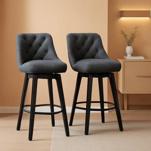 Bar Stools Set of 2, Swivel Barstools with Backs and Wood Legs, 27" Linen Fabric Upholstered Bar Chairs for Kitchen Island, Dining, Cafe, Pub（Grey）