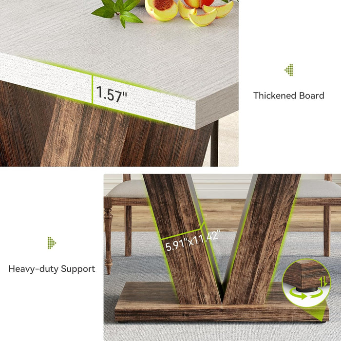 47 Inches Dining Table for 4, Modern Dining Room Tables, White Rectangle Kitchen Table with Rustic Brown V-Shaped Pedestal, Wooden Dinner Table for Dining Room, Kitchen, Living Room